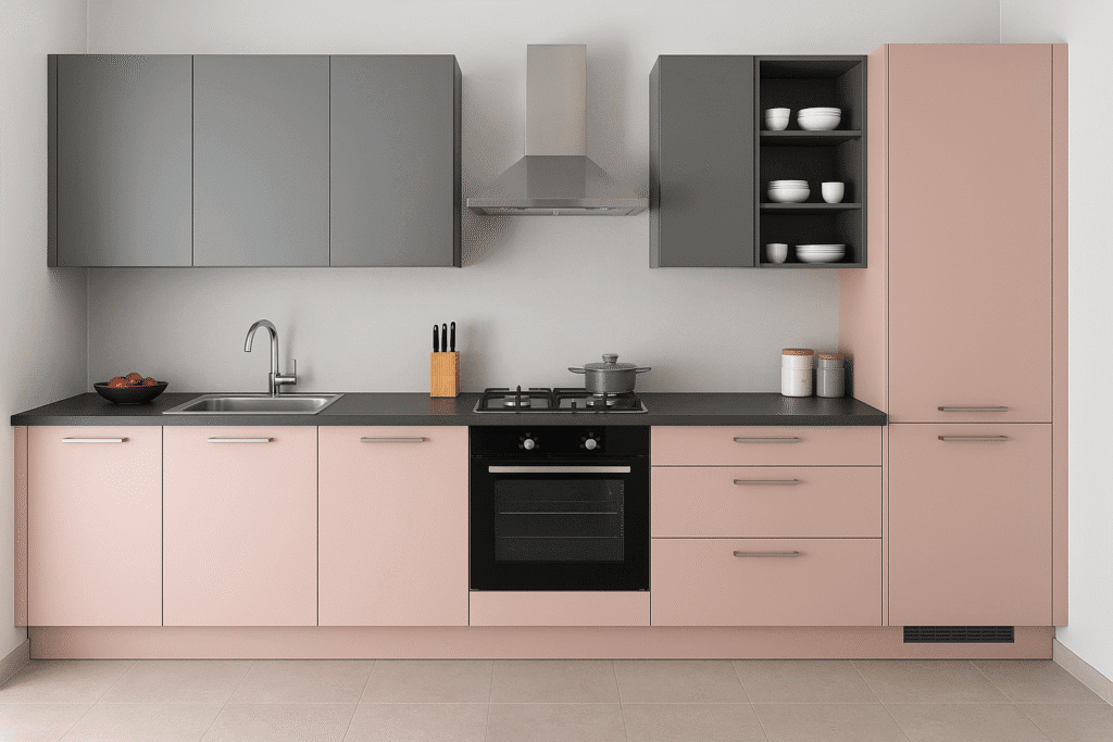 Acrylic Modular Kitchen Design with Sophisticated Grey and Pink Colour Combination