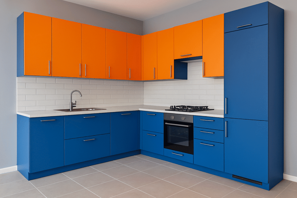 Bold Blue and Orange Contrast Colour Combination Modular Kitchen Design