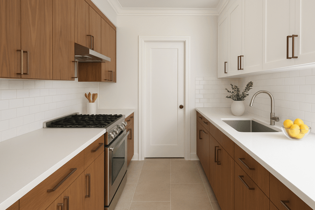 Double Galley Kitchen Design with Timeless Brown and White Colour Combination