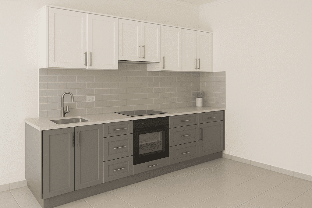 Elegant Grey and White with Sleek Backsplashes Modular Kitchen