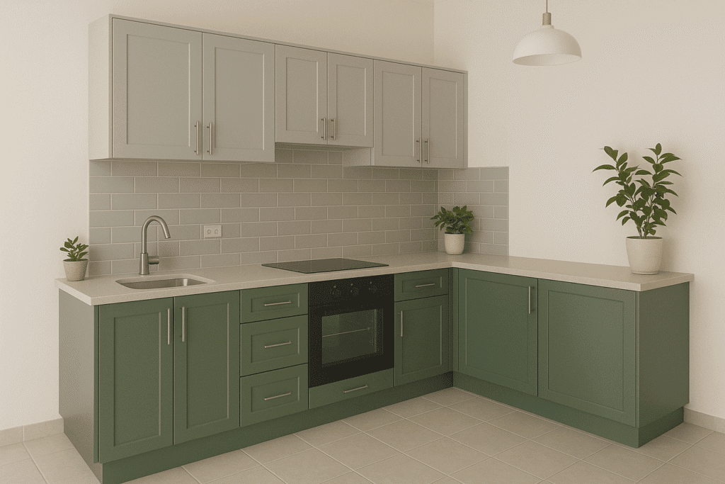 Green and Grey for Earthy Sophistication Modular Kitchen Desing
