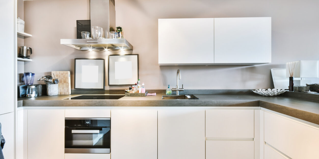 Kitchen with minimalist style cupboards