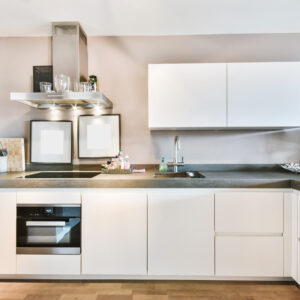 Kitchen with minimalist style cupboards