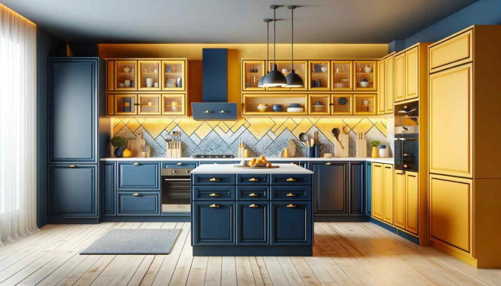 mustard yellow and navy blue modular kitchen colour combination