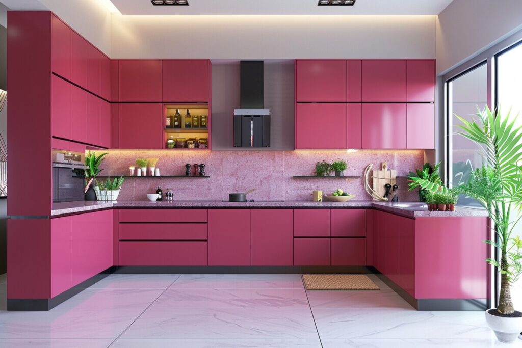 Modular Kitchen with Playful Pink and Red Shades