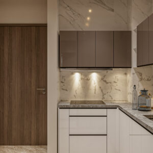 A minimalist kitchen design with sleek, handle-less cabinets.
