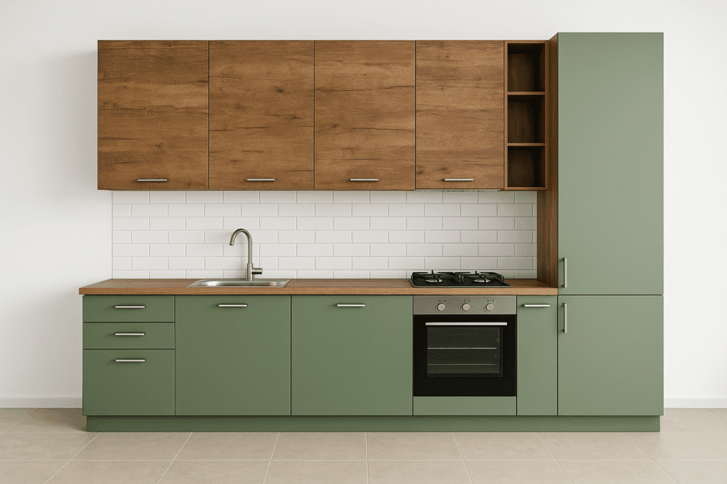 Natural Green with Rustic Wood Single Wall Modular Kitchen Design