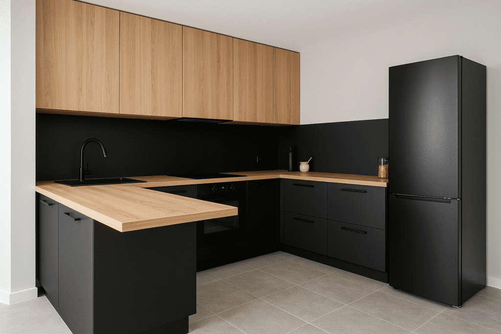 Peninsula Modular Kitchen with Black and Wood Harmony Colour Combination