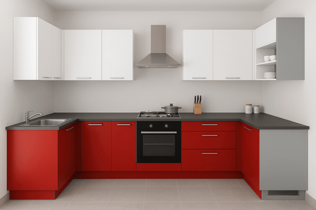 U-shape Modular kitchen with Dramatic Red, White, and Silver Grey Colour Combination