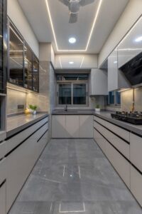 Luxury Parallel Modular Kitchen Design with High-Gloss Grey Finish