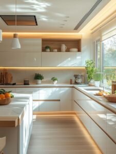 Ash Grey Kitchen with Wooden Ceiling Panel