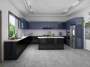 Blue Lacquer Modern U Shaped Kitchen