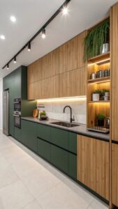 Bold Green and Wood Modular Kitchen with Spot Lighting