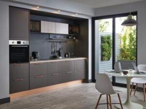Charcoal Matte Modular Kitchen with Open Shelf Highlight