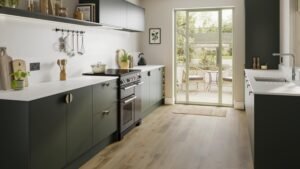 Compact double galley kitchen with overhead storage.