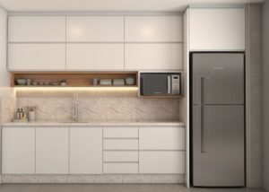 Compact White Modular Kitchen with Granite Backsplash