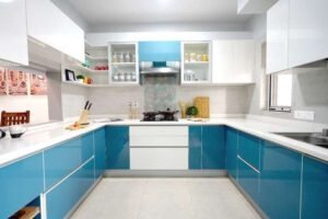 Contemporary White U-Shaped Kitchen with Wooden Shelves