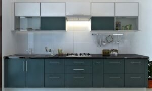 Dual-Tone Modular Kitchen in Teal and White