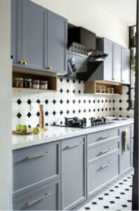 Elegant Grey Kitchen with Geometric Backsplash