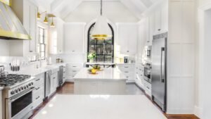 Rustic double galley kitchen with wooden countertops and farmhouse style.