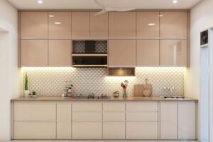 Glossy Beige Modular Kitchen with Fish Scale Tiles