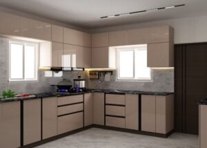 Glossy Cappuccino Kitchen with Marble Countertops