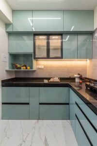 Glossy Mint Green L-Shaped Kitchen