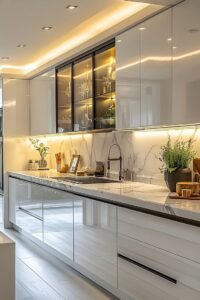 High-Gloss White Kitchen with Marble Elegance