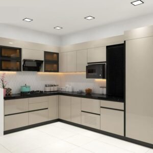 Ivory and Walnut Kitchen with Overhead Storage