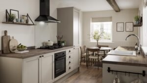 Marble finish double galley kitchen with parallel counters.
