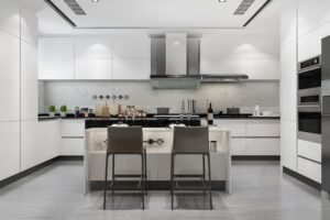 Luxury White Kitchen with Marble and Island Seating