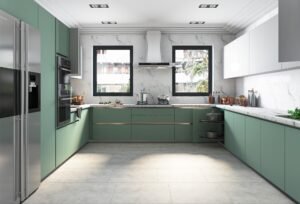 Minimalist Beige U-Shaped Kitchen with Built-In Appliances