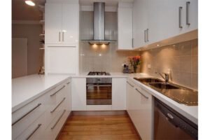 Minimalist U Shaped Kitchen in Grey and White