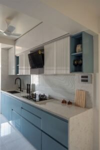 Modern Blue and White Kitchen with Textured Shutters