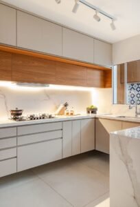 Modern L-Shaped Kitchen in Beige and Walnut Wood
