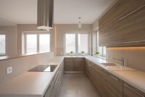 Modern U-Shaped Kitchen with Dark Quartz Countertop