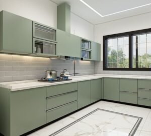 Olive Green Kitchen with White Quartz Countertop