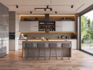 Open-plan double galley kitchen extending into dining area.