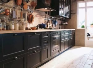 Rustic Black Modular Kitchen with Wooden Countertop