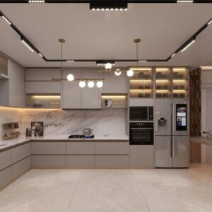 Stone-Finish Grey Kitchen with Elevated Platform