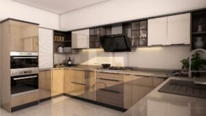 Two Tone U Shaped Kitchen with White Quartz Counters