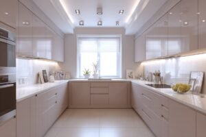 U-Shaped Kitchen with White Quartz Countertops