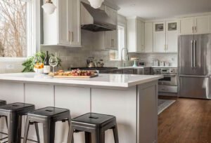 Warm Wood Finish Peninsula Kitchen Layout