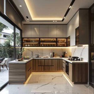 Warm Wooden U Shaped Kitchen with Granite Countertops