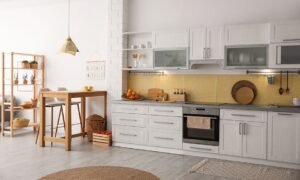White Modular Kitchen with Yellow Tile Splash