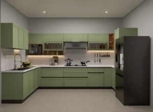 Wood and Cream U-Shaped Kitchen with Corner Sink